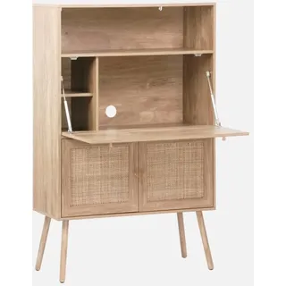 sweeek - Schreibschrank / Sekretär, 2 Türen und Regale, Holzeffekt, und Rohrgeflecht,