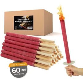 Bolson Wachsfackeln 60 Min (10 Stück) Gartenfackel aus Wachs mit Handschutz & Griff für Kinder & Erwachsene - in Deutschland hergestellte Fackel für Draußen - ideal f. Fackelwanderung,