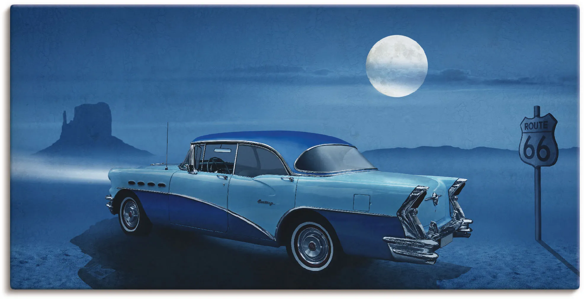 Wandbild ARTLAND "Blaue Nacht auf der Route 66" Bilder Gr. B/H: 100 cm x 50 cm, Leinwandbild Auto, 1 St., blau Kunstdrucke