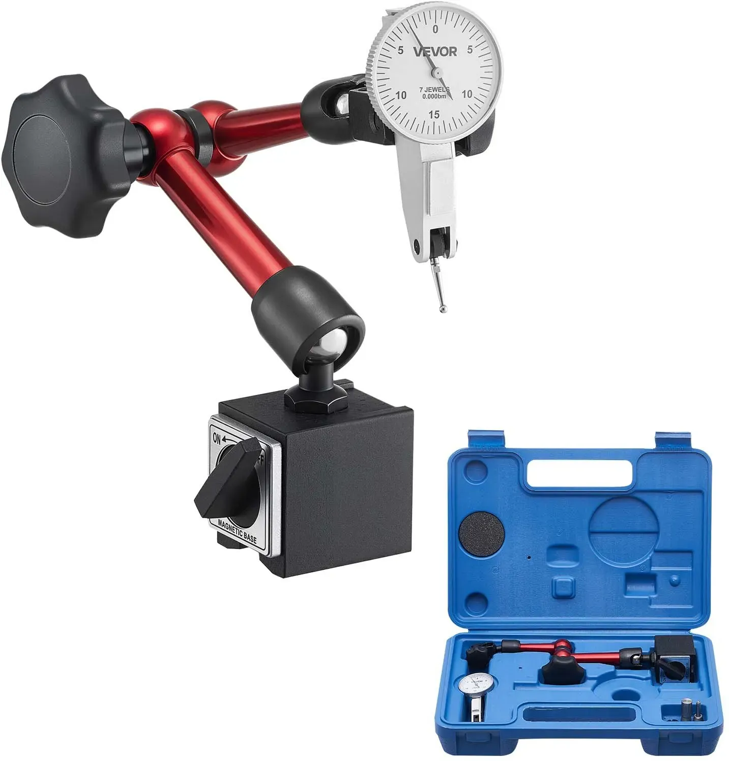 VEVOR Messuhr mit Magnetstativ & Aufbewahrungskoffer, 0,01 mm Genauigkeit, 0–0,76 mm Bereich, Mikrokugelgriff für Messungen in engen Bereichen, industrielle Bearbeitung & Inspektion