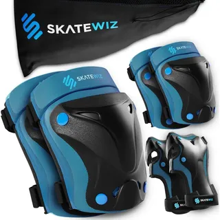 SKATEWIZ Knieschoner Kinder Schoner Inliner - Protektoren Set [6er] - Knie und Ellenbogenschützer - Schonerset für Skateboard und Inline Skating - PROTECT-1 Blue Größe XS