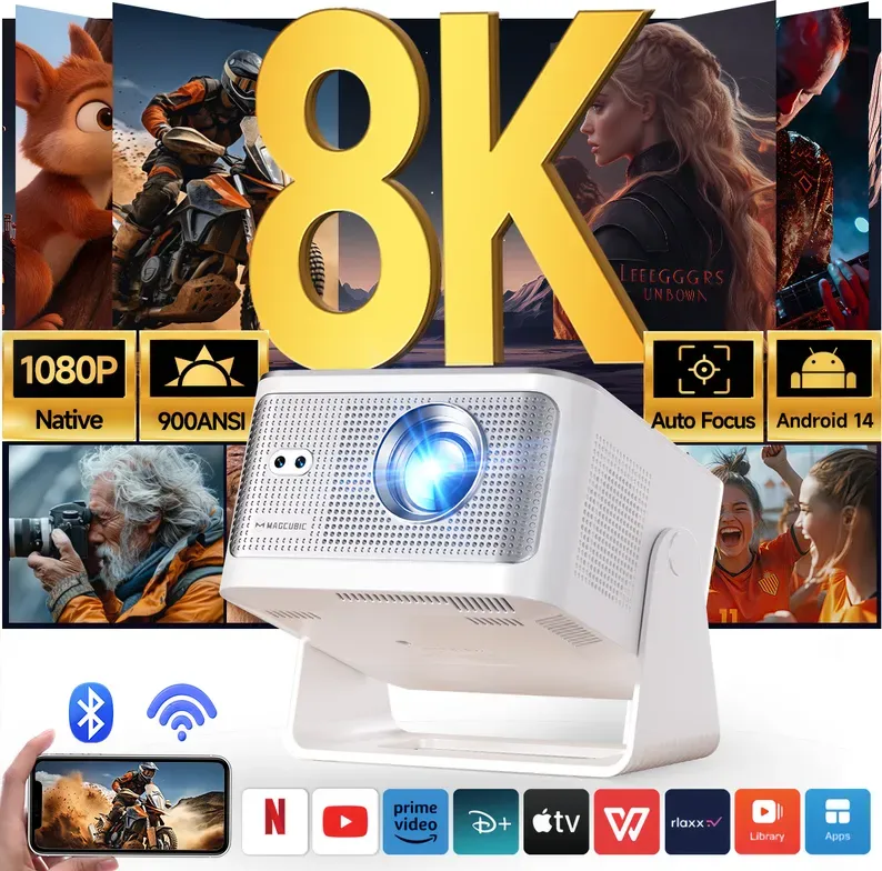 Magcubic Smart-Beamer, 8K-Unterstützung, native 1080p Full HD, 900 ANSI Lumen, Android 14, 5G, Wi-Fi 6, Bluetooth 5.4, 180°-Drehung & automatische Trapezkorrektur, tragbarer Beamer für Heimkino, Schlafzimmer & Outdoor, kompatibel mit HDMI/USB/Smartphone/PS5/TV-Stick, HY350Max