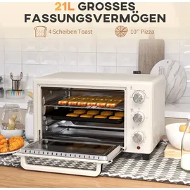Homcom Mini Backofen 21L Pizza-Ofen, Miniofen inkl. Backblech, Grillrost und Krümmelblech, 1400W Tischbackofen mit 1h Timer, 100-230 °C, Metall, Creme