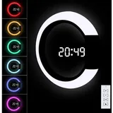Digitale LED-Wanduhr mit Fernbedienung, USB-betriebene Wanduhr, 12/24 Stunden, Temperatur, 3 Helligkeiten, 7-Farben-RGB-Licht, Alarm und