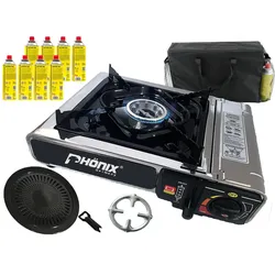 Phönix PC-20 Edelstahl Camping Gaskocher + Grillaufsatz+ 8x kartuschen