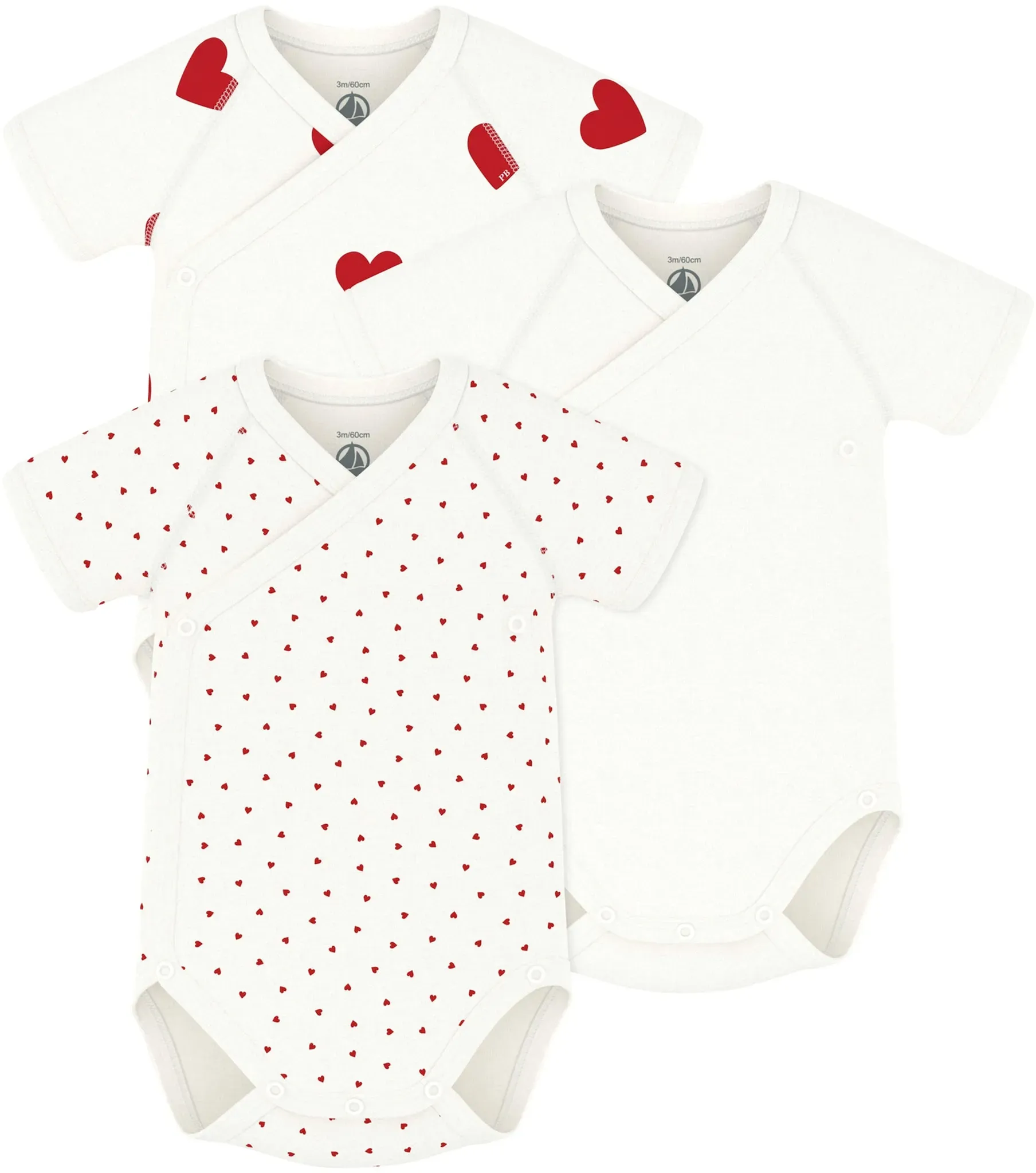 Petit Bateau 3er-Pack Wickelbody kurzarm Herzen, natur | rot, 50