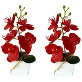 XIZHI Künstliche Orchidee mit Vase, 25,4 cm, künstliche Pflanze, Bonsai, Seidenblumen, Schmetterling, Orchidee mit Topf für Hochzeit, Büro, Heimdekoration, Innendekoration (rot), 2 Stück