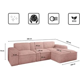 kaiser möbel Ecksofa, Sofa L form, Couch L form Siena L stoff Velo Rosa Rechts - Rosa