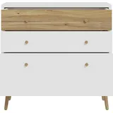 Forte HARLLSON, EasyKlix by Kommode Weiß mit Holzdekor: Mauvella Eiche, Sideboard mit 3 Schubladen, Modern Mid Century Stil, 90 cm x 86 cm x 41 cm