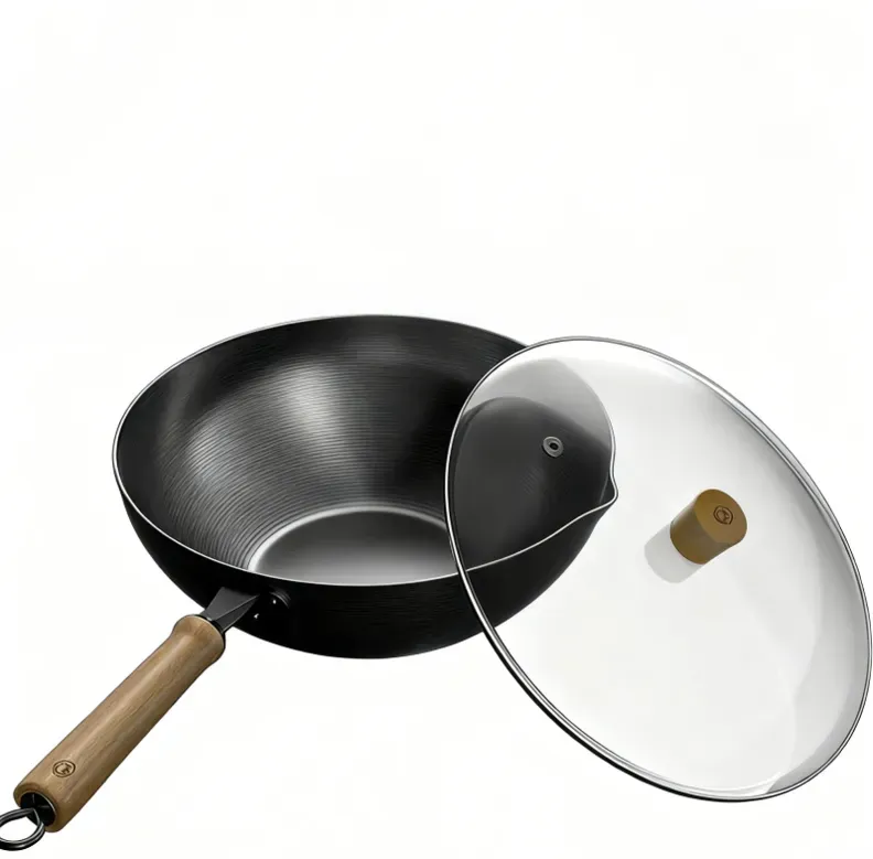 ochama Japanisch importierte Premium-Eisenwok, 32 cm – Antihaft-Eisenpfanne, Wokpfanne, Bratpfanne mit geringem Rauch, für Induktionsherde/Gaskochfelder geeignet, gesunde teflonfreie Beschichtung, Wok mit Deckel, 32 cm