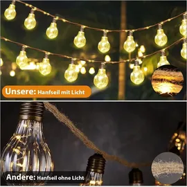salcar Lichterkette LED 10M Hanfseil 20 Glühbirnen Solar wetterfest Warmweiß