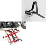 Set: Motorrad Hebebühne Midlift XL bis 500kg in rot ConStands mit Motorrad Garderobe WH2 Wandhalterung Helmhalter sw