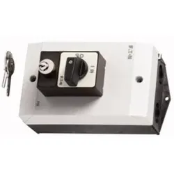 Eaton 207326 Panikschalter, P1, 32 A, Aufbau, 3-polig, mit schwarzem Knebel und Frontschild, Zylinderschloss-Sperre SVA P1-32/I2/SVA(S)