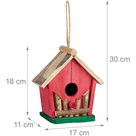 Relaxdays Mini Vogelhaus, zum Aufhängen, für Balkon & Garten, Holz, Deko Vogelhäuschen, HBT 18 x 17 x 11 cm, rot/grün