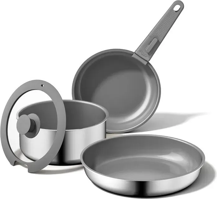 naturepan 5-teiliges antihaftbeschichtetes Kochgeschirr-Set, Diamant-Titan-Keramikbeschichtung, 3-lagige Edelstahltopfe und -pfannen mit abnehmbarem Griff, spülmaschinenfest, induktionsgeeignet, backofengeeignet, Grau