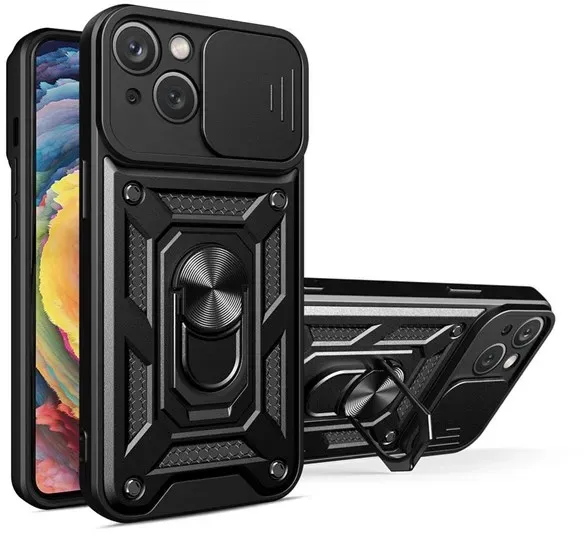 Hybrid Armor Camshield Case for iPhone 14 Plus Armored Case with Camera Cover Black