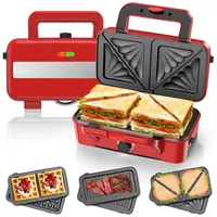 Sandwichmaker 3 IN 1, 1200W & 5-Gang-Temperaturregelung Waffeleisen, Cool-Touch-Griff, Sandwichtoaster, Kontaktgrill mit 3 Antihaftplatten für Sandwich, Waffeln, Fleisch, LED-Leuchten, Retrorot