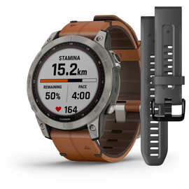 Garmin Fenix 7 Sapphire Solar Titanium Titan mit braunem Lederarmband