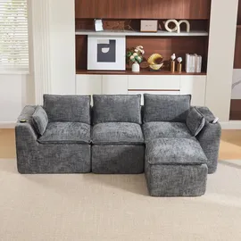 Okwish Dreisitzer Ecksofa mit Hocker, Kissen, Getränkehalter und 2 Seitentaschen, In Chenille Grau