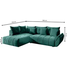 GRAINGOLD Ecksofa Genoa - Moderne Ecksofa, Wohnzimmer Sofa - Modern Design, Samtstoff - Grün