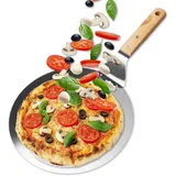 Pizzaschieber, 10 Zoll Runder Pizzaschieber, Edelstahl Pizzaschaufel Holzgriff, Pizza Schaufel Metall mit Holzgriff, Pizzaschaufel aus Hart Eloxiertes Aluminium für hausgemachte Pizzen Brot Kuchen etc