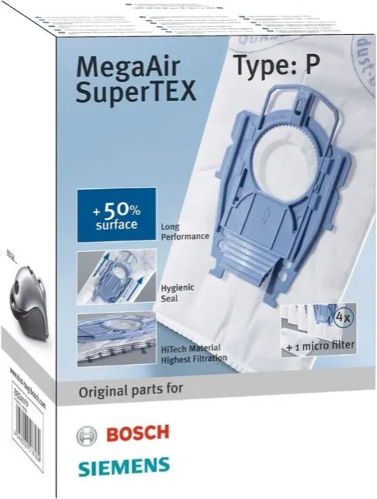 Bosch Megaair Super Tex Typ P Staubsaugerbeutel, Groß 6 L Kapazität und inklusive Mikro-Hygienefilter für den Motor - 4er Pack