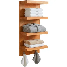 Relaxdays Wandregal Bad, mit 4 Ablagen & 2 Haken, Hängeregal Badezimmer & Küche, Natur