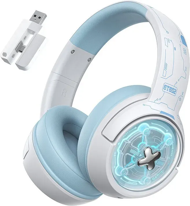 ONIKUMA Gaming-Headset – Drei-Modus-Verbindung (2,4 GHz/Bluetooth/Kabelgebunden), RGB-Spielbeleuchtung, 50-mm-Treiber, Surround-Sound, Modell GT802 (Weiß-Blau)