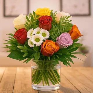 Bunter Blumenstrauß mit neun Rosen und weißen Santinis # Blumensträuße versenden mit Grußkarte