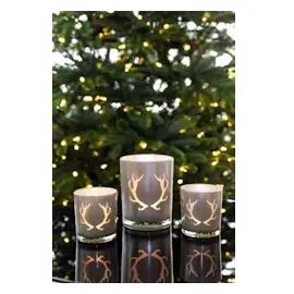 Edzard 2er-Set Teelichtglas Ati (Höhe 8 cm, grau, Geweih-Motiv