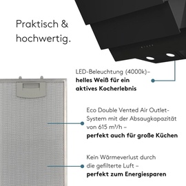 Wiggo B643 Dunstabzugshaube 60cm kopffrei I Abluft Umluft Dunstabzug 615m3/h - Touch-Display 4 Stufen I Energieeffizienzklasse B Schräghaube inkl... - schwarz