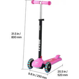 Vevor Scooter (3 Räder) ab 3 Jahren, Cityroller Kinderroller mit leuchtenden Rädern & höhenverstellbarem Lenker & rutschfestem Deck & leichtem Aluminiumrahmen, Tretroller bis zu 75 kg, Pink