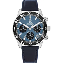 Chronograph TOMMY HILFIGER "TH85 CHRONOGRAPH", blau, Armbanduhren, Herren, Quarzuhr, Armbanduhr, Herrenuhr, Lederarmband, analog, Tag