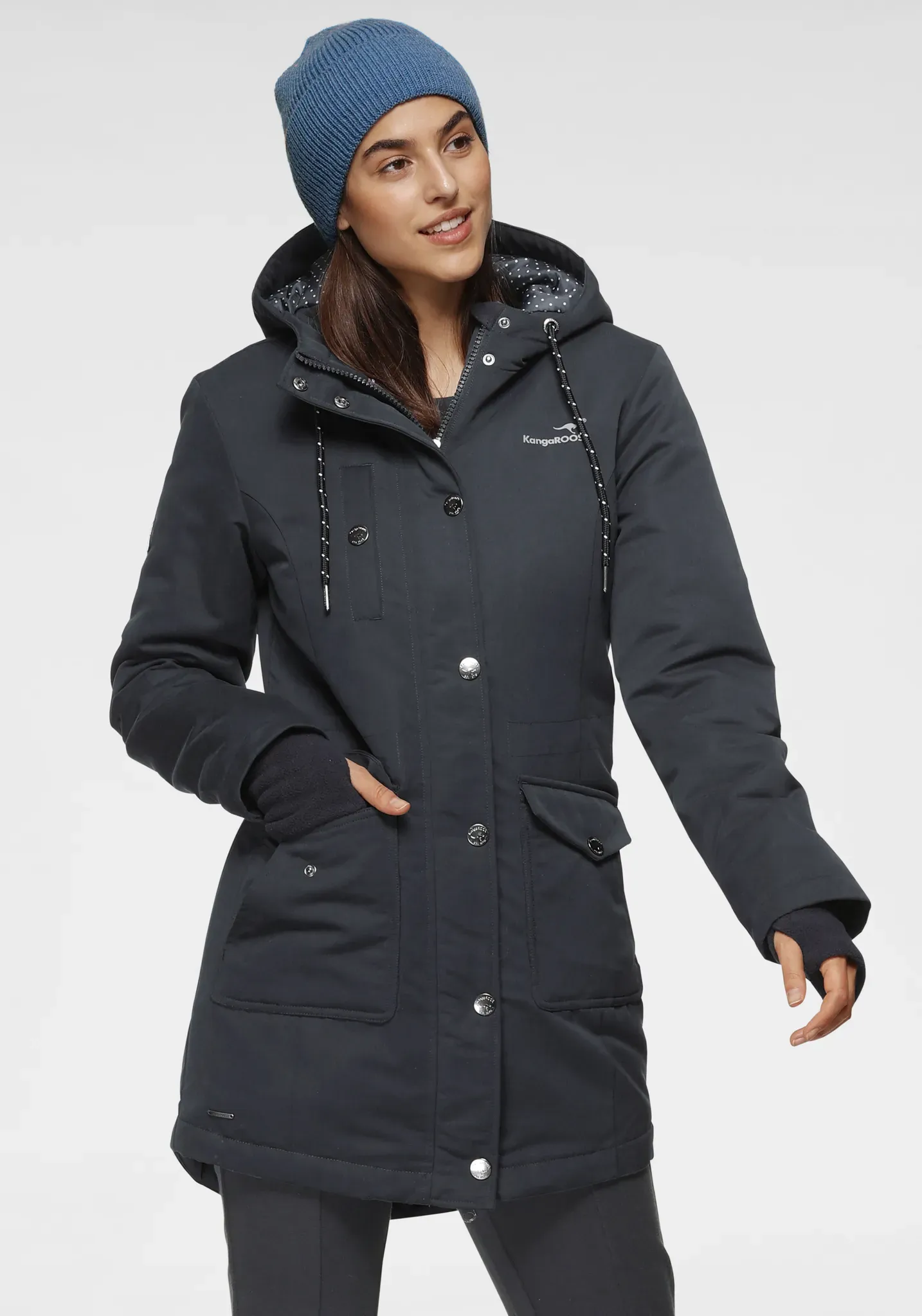 Langjacke KANGAROOS, Damen, Gr. 36, blau (marine), Web, Obermaterial: 100% Polyester. Futter: 100% Polyester. Wattierung: 100% Polyester, gepunktet, kontrastfarbene Details, unifarben mit Farbeinsatz, figurumspielend Po-bedeckend, Jacken Langjacke, mit 2-Wege-Reißverschluss