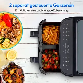 Medion P20 XXL Heißluftfritteuse mit 2 Kammern (8,7 Liter, Airfryer, 2.600 Watt, Doppelkammer, 9 Automatikprogramme, 2 Schubladen, Sichtfenster, Dualer Airfryer, Dual Cook & Sync-Finish Funktion)