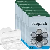 60x ecopack Hörgerätebatterien 675 (Blau), 10x6er Blister PR44 1,4V + Aufbewahrungsbox für 2 Hörgerätebatterien (alle Größen), transparente Batteriebox für Zwei Knopfzellen bis 12 mm x 6 mm (Ø x H)