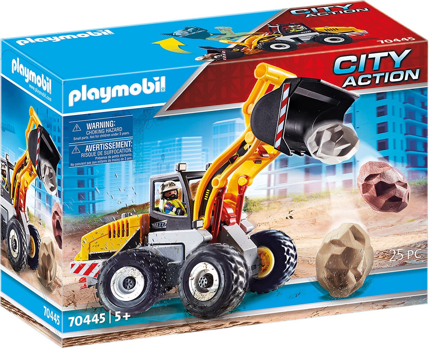 PLAYMOBIL City Action 70445 Construction Front End Loader with Movable Bucket with handle for moving and fixing the shovel, Toy for Children Ages 5+