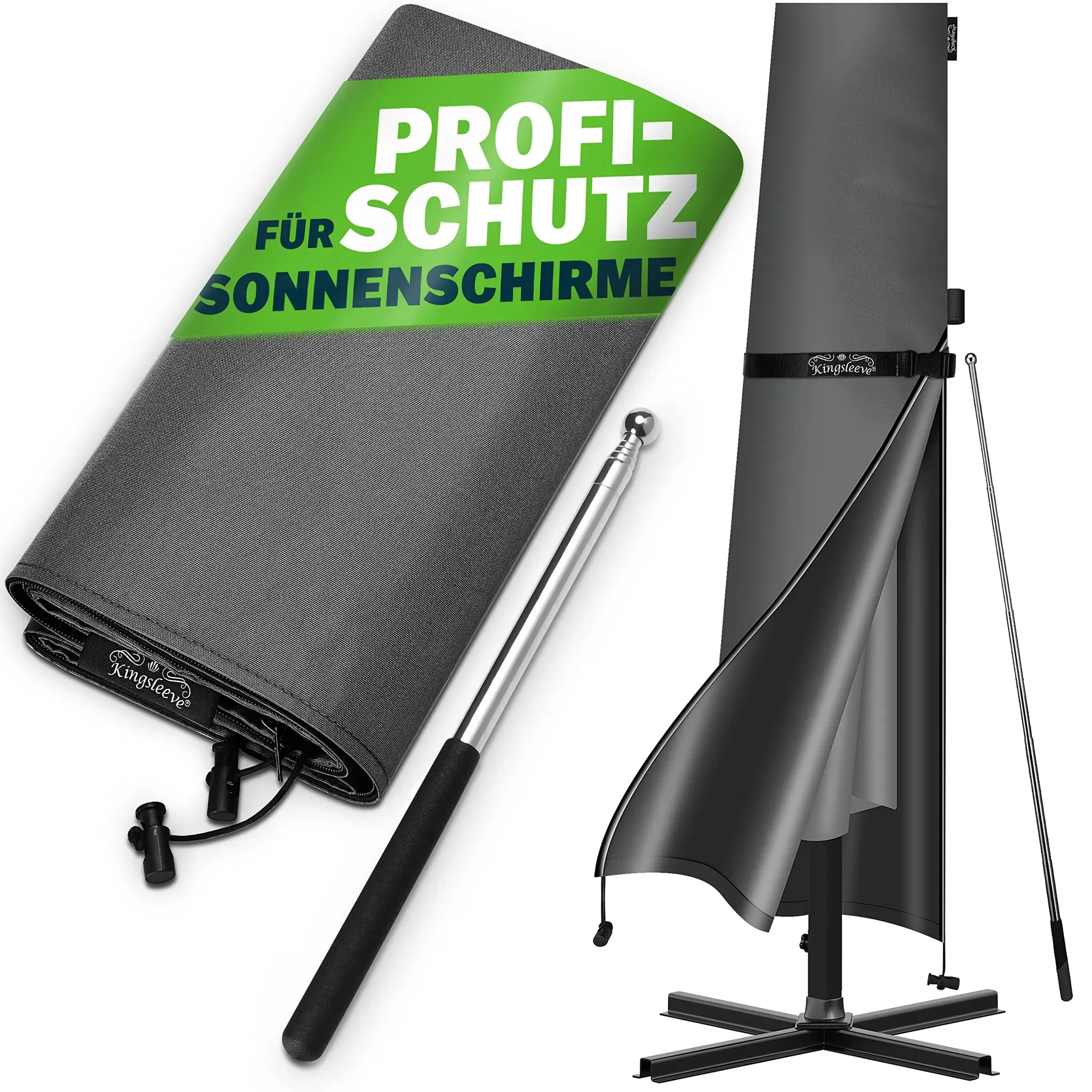 KINGSLEEVE® Sonnenschirm Abdeckung bis Ø 350 cm mit Stab Winterfest Wetterfest Robust Reißfest Groß Wasserabweisend Schutzhülle Plane Abdeckplane Grau