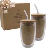 Neues Nest Double- Walled Coffee Glass - Thermogläser Set doppelwandig (2 x 450 ml) | Latte Macchiato Gläser | Geschenkset mit Bambusdeckeln und Glasstrohhalmen | Matcha Gläser | Eiskaffee Glas