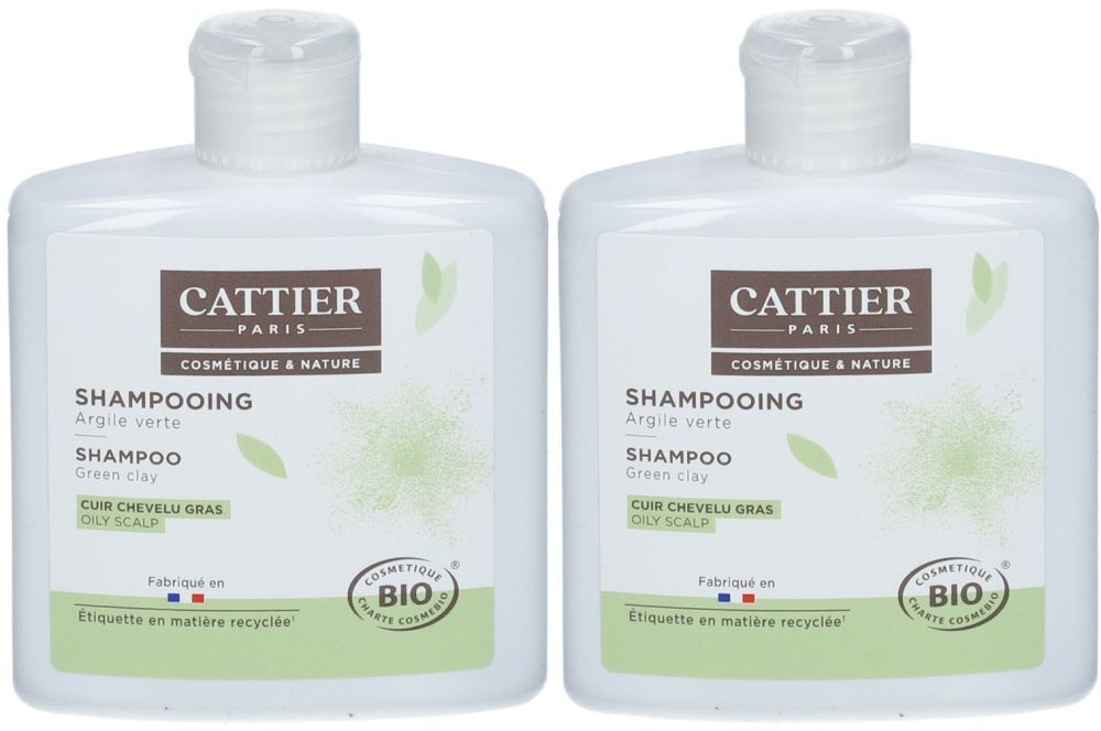 Cattier shampoing argile verte bio cuir chevelu gras 2x250 ml shampooing
