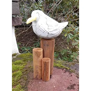Freche Möwe auf Poller Statue Maritime Deko Holz Handarbeit 30 cm