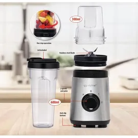 Alpina Smoothie Maker Mixer - Smoothie Mixer 300W - Inkl. Smoothie Becher 300ml und 600ml - 2 Geschwindigkeiten und Pulsierende Funktion - Edelstahl - Silber/Schwarz