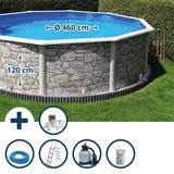 Gre Stahlwandpool Set rund 460 x 120 cm, Stahl 0,45 mm Steinoptik Folie 0.3mm blau hellgrau|BLAU No Size