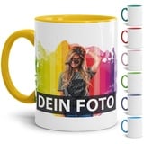 Tasse selbst individuell gestalten/Personalisierbar mit eigenem Foto Bedrucken/Fototasse/Motivtasse/Werbetasse/Firmentasse mit Logo/Innen & Henkel Gelb