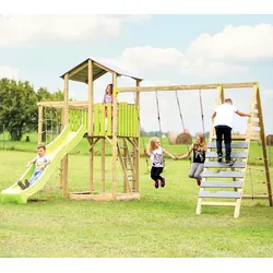 Wendi Toys Holz Spielturm Dino | inkl. Rutsche, Kletterwand, Schaukel & Sandkasten | Natur | 438x561x307 cm