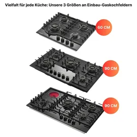 KB Elements Gaskochfeld 4-flammig und 1 Glaskeramik Kochfeld, Gaskochfeld 90cm, LPG/NG, Kupfer- und Aluminium-Brennern, hitzebeständigem Glas, Autark - Schwarz