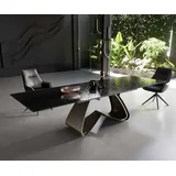 DELIFE Esstisch Edge 200-300x100 Reliefglas Rauchschwarz 3D-Design W-Gestell Effektfinish Titan ausziehbar - Schwarz
