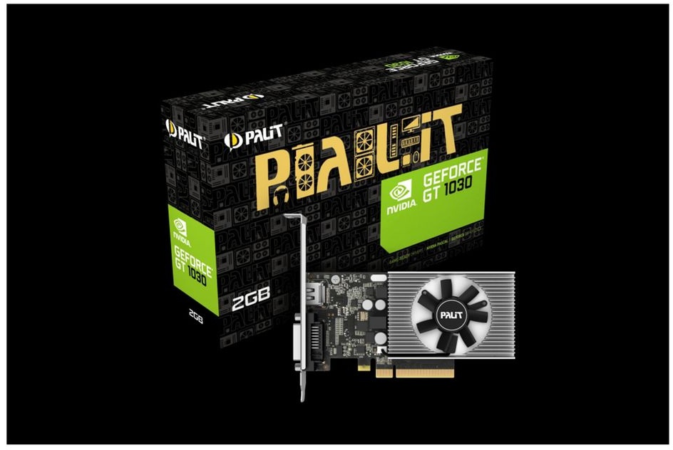 Palit GeForce GT1030, 2 GB DDR4, PCIe3, DVI, HDMI, 1379 MHz, Niedrigprofil (keine Halterung)