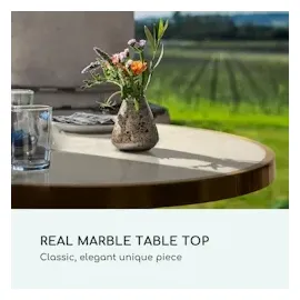 Blumfeldt Patras Bistro-Tisch, Gartentisch, Deko-Zierkante, Gusseiserner Standfuß, für drinnen und draußen, wasserfest, frostsicher, 57,5 cm 72 cm Schwarz Ø Weißer Marmor