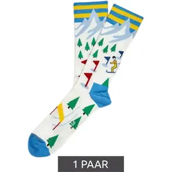 1 Paar Moustard Ski Herren Baumwoll-Socken mit Skipisten-Print gemusterte lange Strümpfe 17S-SKI Weiß/Hellblau/Rot/Grün - 41-46